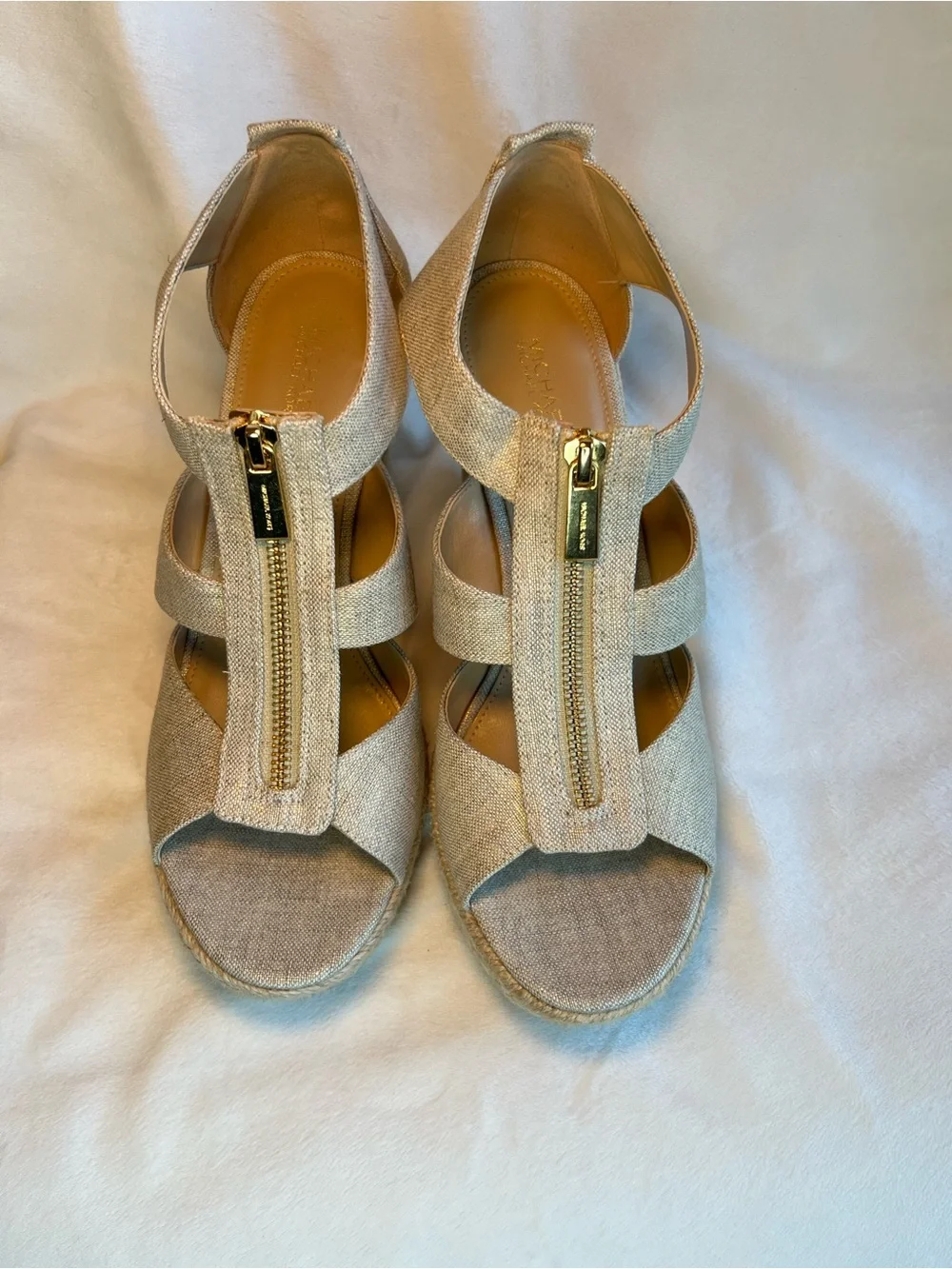 Michael Kors Gold Espadrille Wedge Sandals with Front Zip
